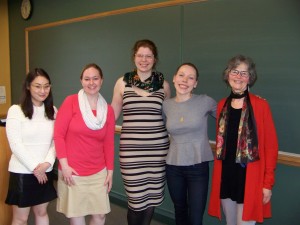 From left to right: Jamie Richardson, Rachel Starry, Amy Wojciechowski, Abbe Walker, and the director of the Graduate Group, Dale Kinney